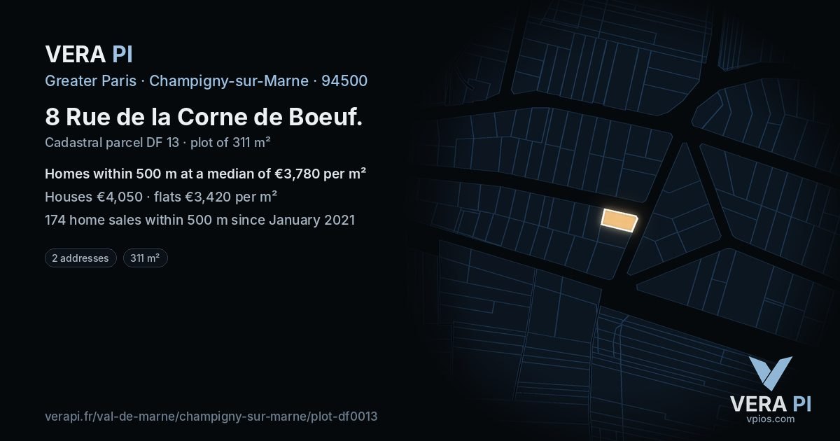8 Rue de la Corne de Boeuf, Champigny-sur-Marne at night – the plot lit, the parcels around coloured by the prices near them