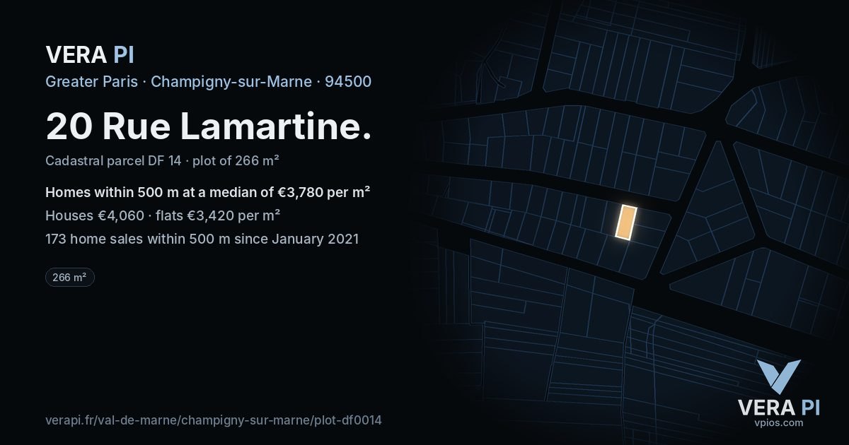 20 Rue Lamartine, Champigny-sur-Marne at night – the plot lit, the parcels around coloured by the prices near them