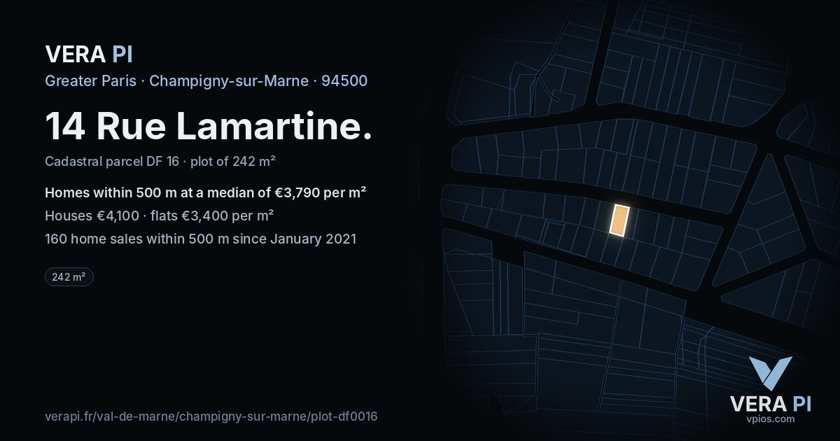 14 Rue Lamartine, Champigny-sur-Marne at night – the plot lit, the parcels around coloured by the prices near them