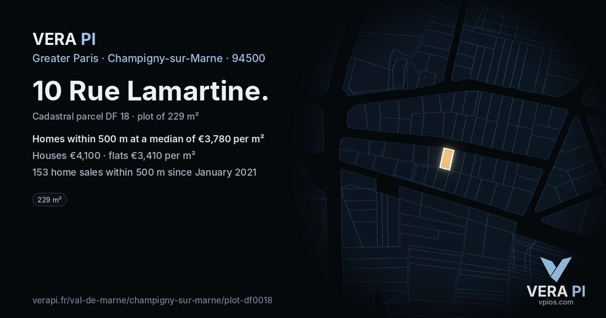 10 Rue Lamartine, Champigny-sur-Marne at night – the plot lit, the parcels around coloured by the prices near them