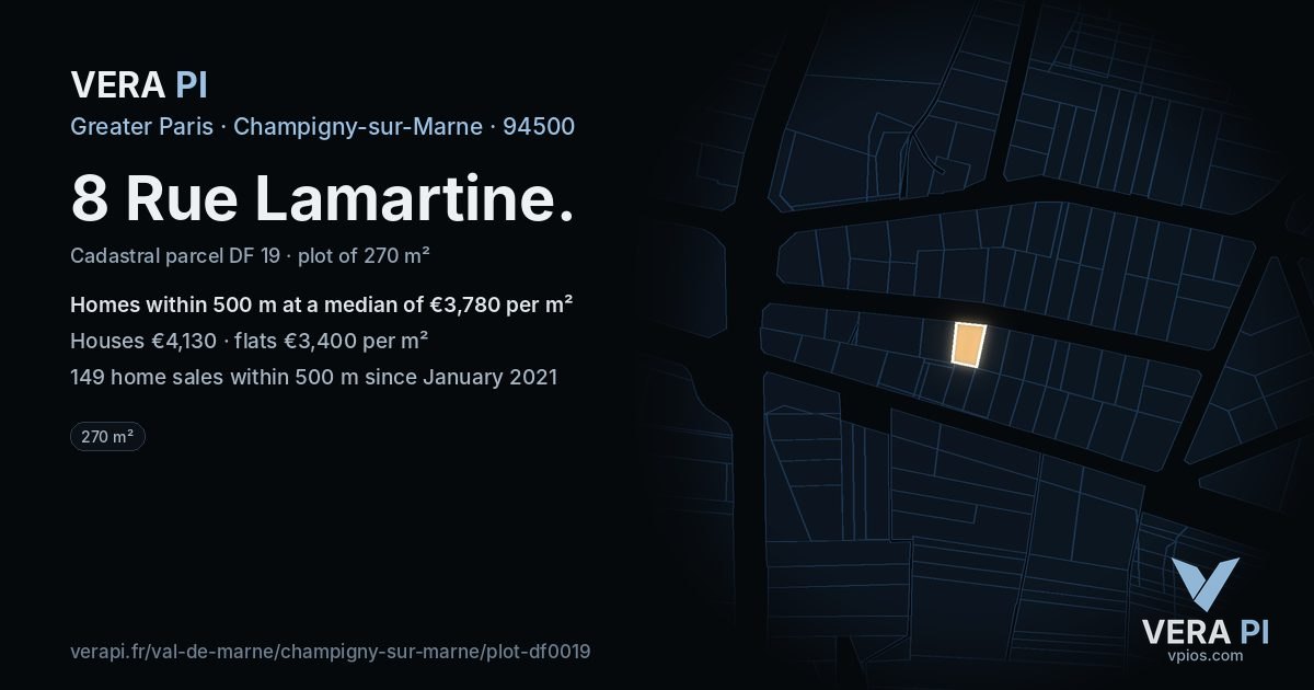 8 Rue Lamartine, Champigny-sur-Marne at night – the plot lit, the parcels around coloured by the prices near them