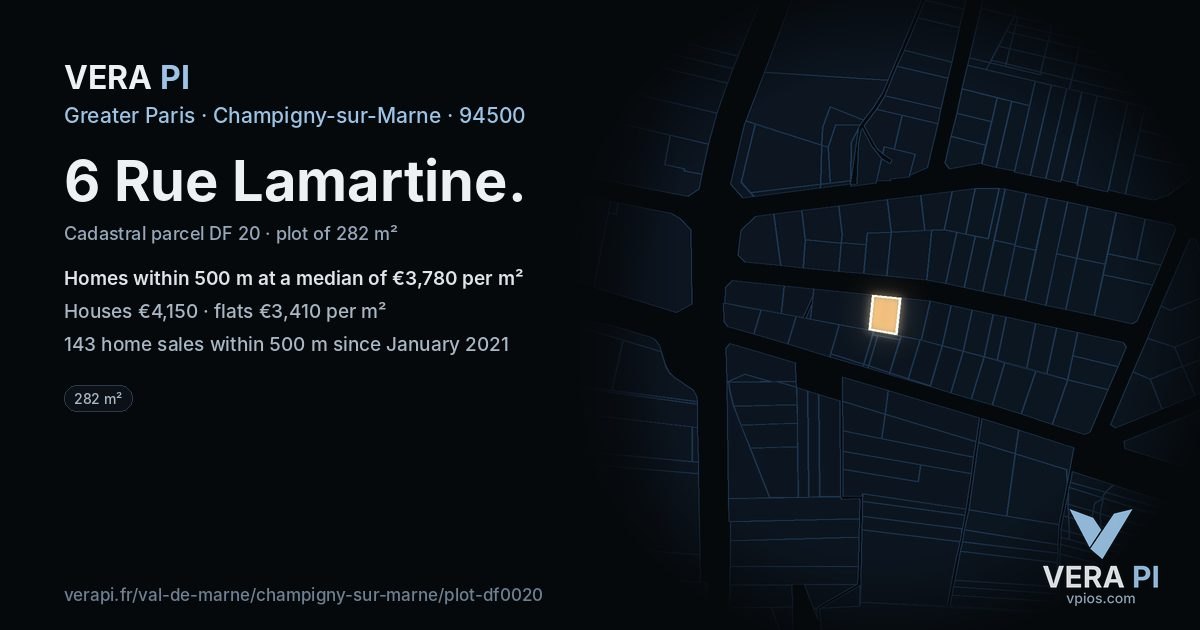 6 Rue Lamartine, Champigny-sur-Marne at night – the plot lit, the parcels around coloured by the prices near them