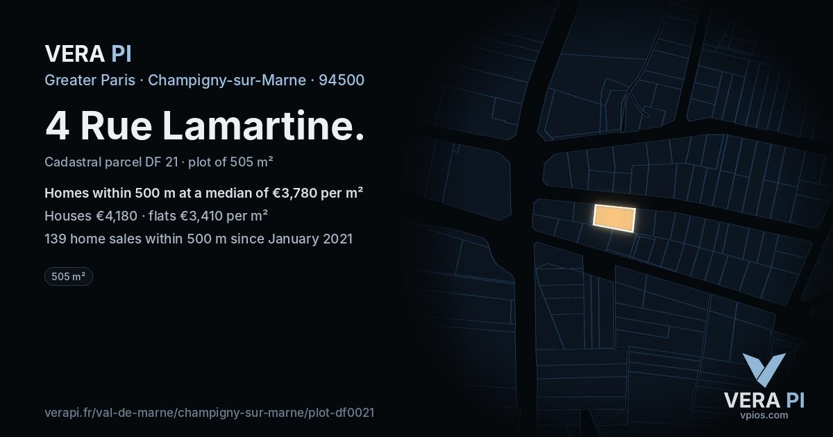 4 Rue Lamartine, Champigny-sur-Marne at night – the plot lit, the parcels around coloured by the prices near them