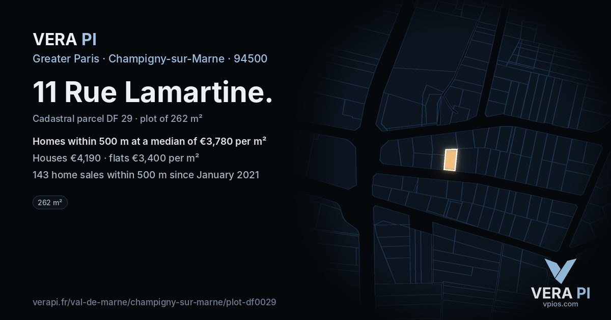 11 Rue Lamartine, Champigny-sur-Marne at night – the plot lit, the parcels around coloured by the prices near them