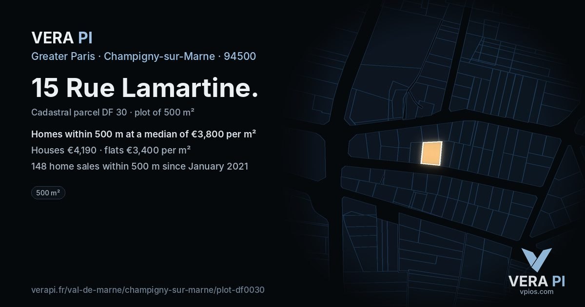 15 Rue Lamartine, Champigny-sur-Marne at night – the plot lit, the parcels around coloured by the prices near them