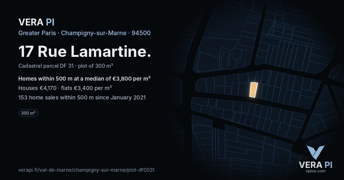 17 Rue Lamartine, Champigny-sur-Marne at night – the plot lit, the parcels around coloured by the prices near them