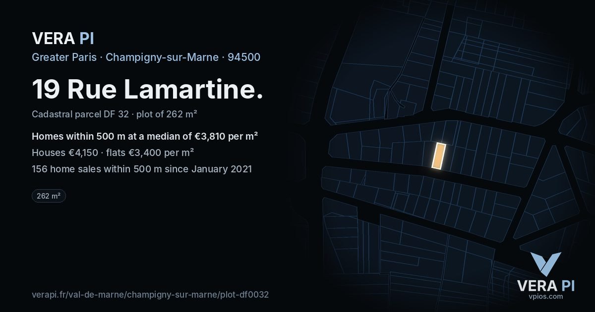 19 Rue Lamartine, Champigny-sur-Marne at night – the plot lit, the parcels around coloured by the prices near them
