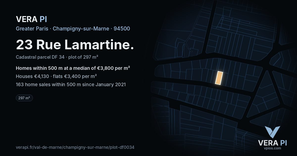 23 Rue Lamartine, Champigny-sur-Marne at night – the plot lit, the parcels around coloured by the prices near them