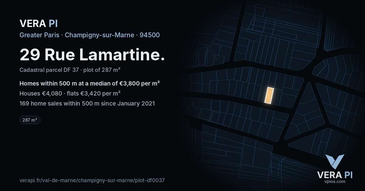29 Rue Lamartine, Champigny-sur-Marne at night – the plot lit, the parcels around coloured by the prices near them