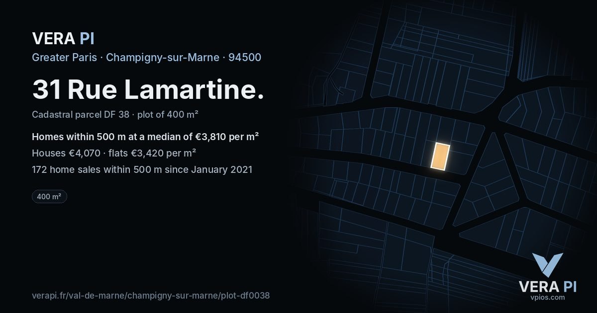 31 Rue Lamartine, Champigny-sur-Marne at night – the plot lit, the parcels around coloured by the prices near them