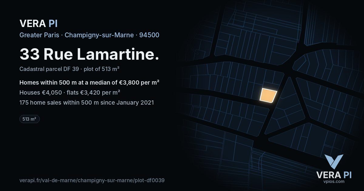 33 Rue Lamartine, Champigny-sur-Marne at night – the plot lit, the parcels around coloured by the prices near them