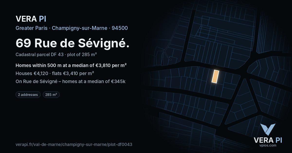 69 Rue de Sévigné, Champigny-sur-Marne at night – the plot lit, the parcels around coloured by the prices near them