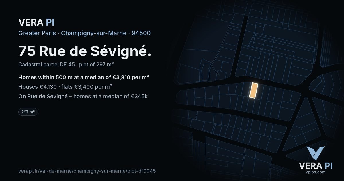 75 Rue de Sévigné, Champigny-sur-Marne at night – the plot lit, the parcels around coloured by the prices near them