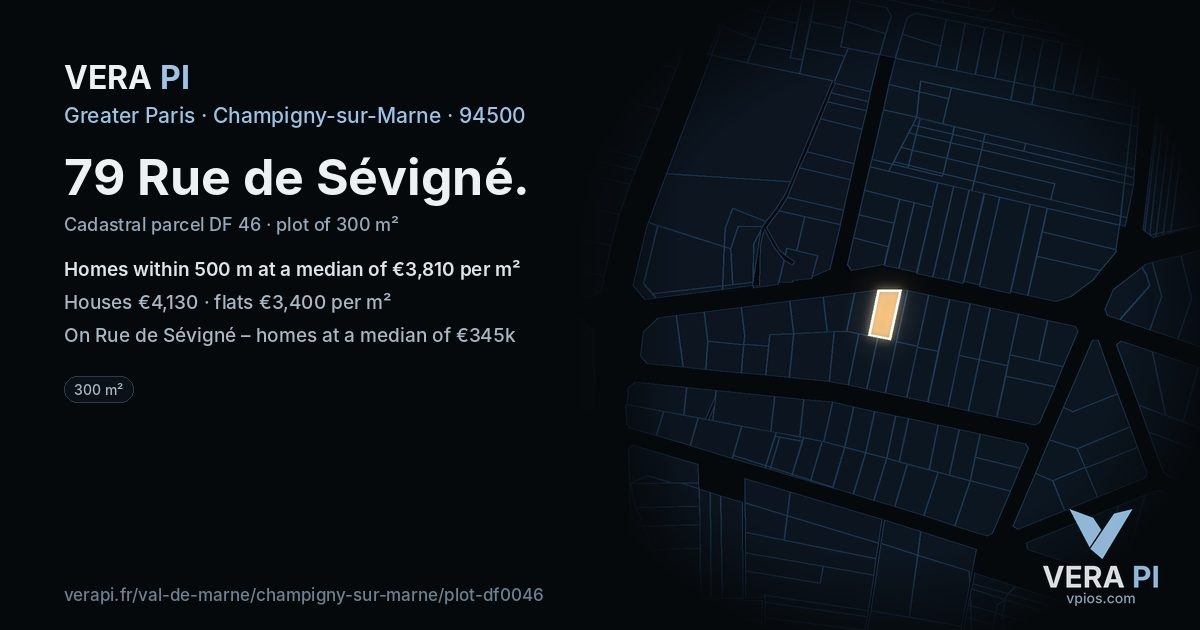 79 Rue de Sévigné, Champigny-sur-Marne at night – the plot lit, the parcels around coloured by the prices near them