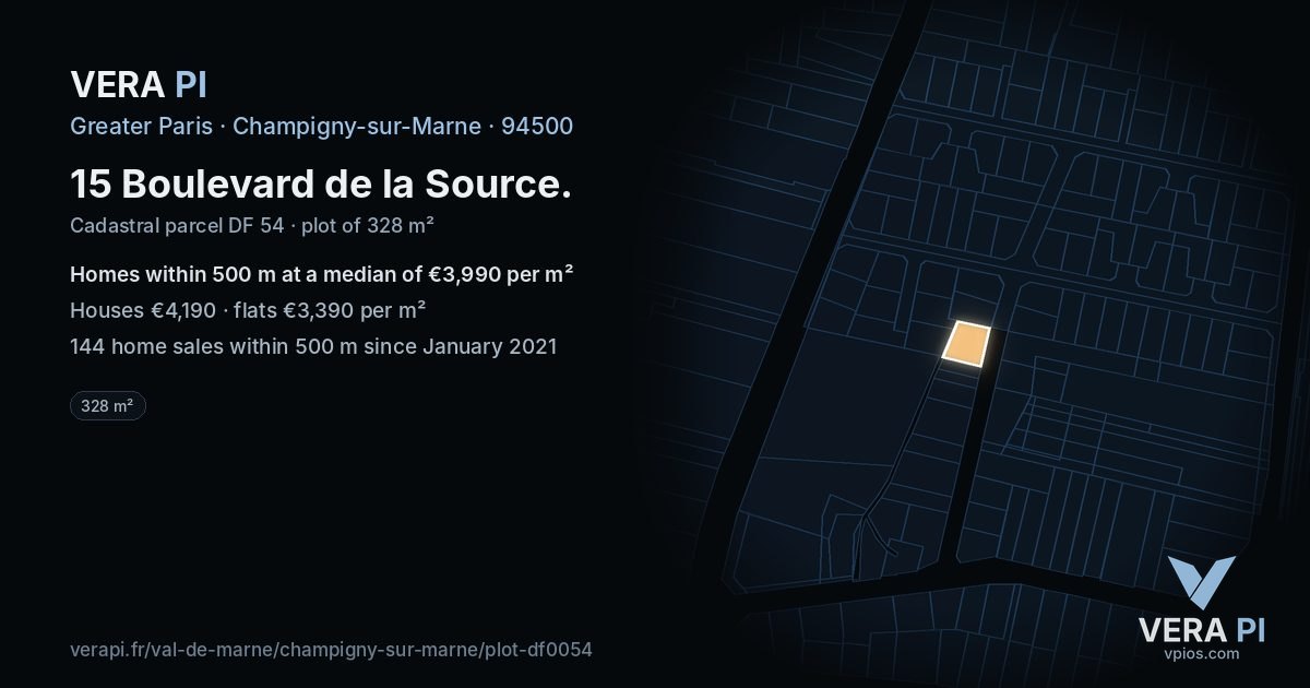 15 Boulevard de la Source, Champigny-sur-Marne at night – the plot lit, the parcels around coloured by the prices near them