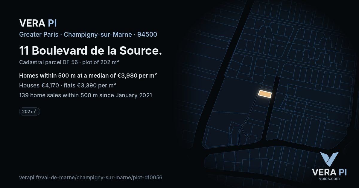 11 Boulevard de la Source, Champigny-sur-Marne at night – the plot lit, the parcels around coloured by the prices near them