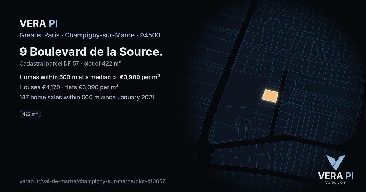 9 Boulevard de la Source, Champigny-sur-Marne at night – the plot lit, the parcels around coloured by the prices near them