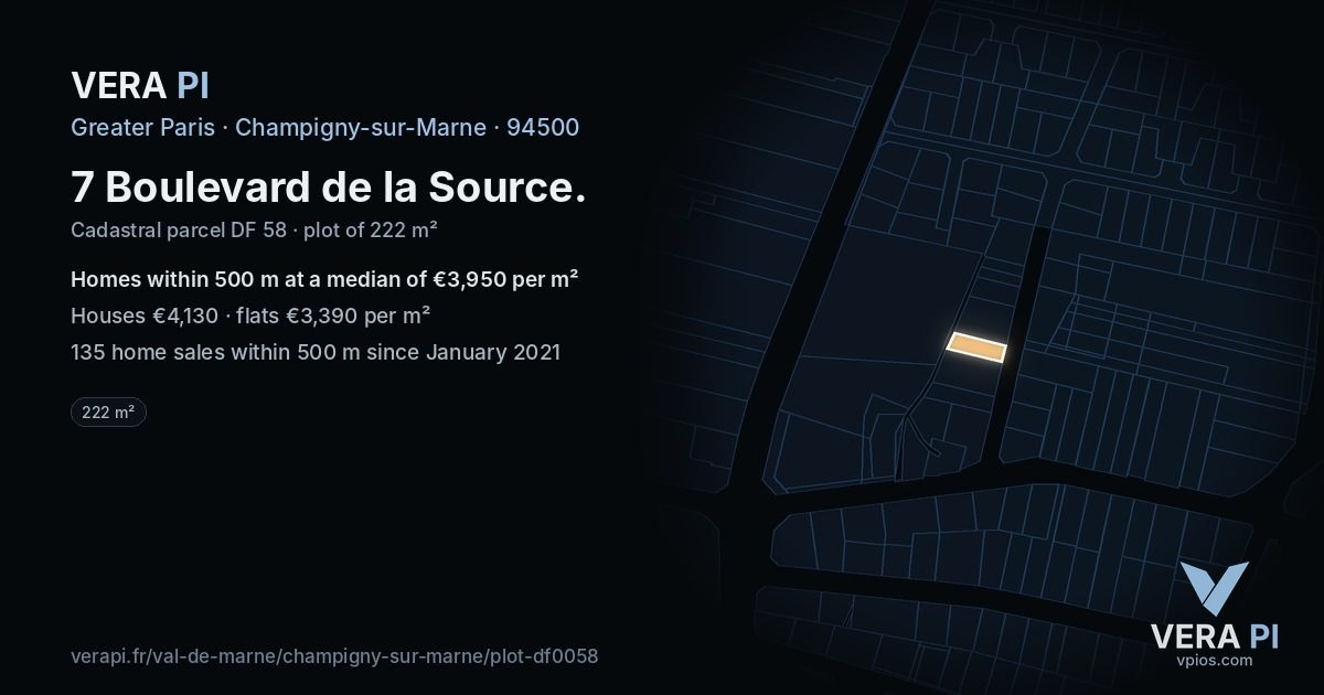 7 Boulevard de la Source, Champigny-sur-Marne at night – the plot lit, the parcels around coloured by the prices near them