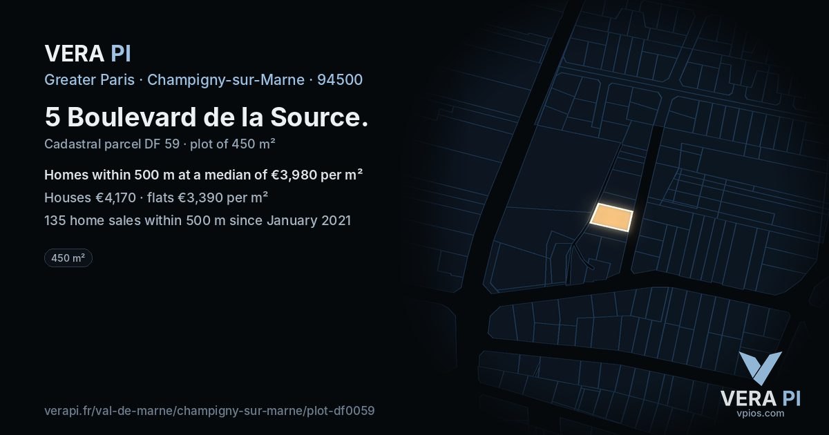 5 Boulevard de la Source, Champigny-sur-Marne at night – the plot lit, the parcels around coloured by the prices near them