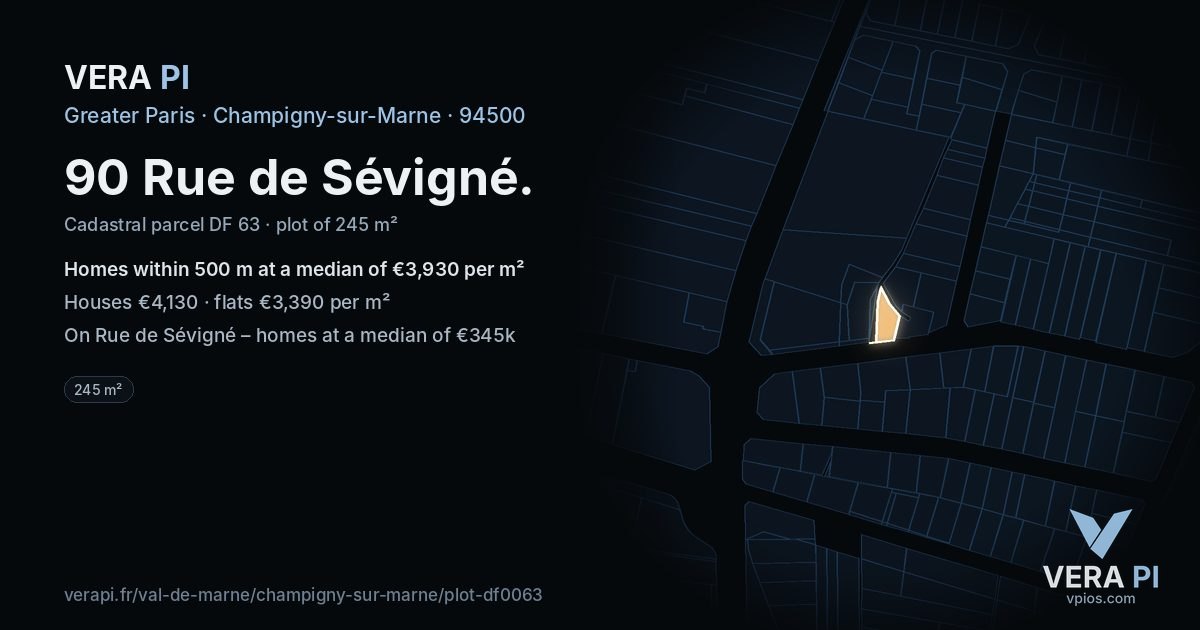 90 Rue de Sévigné, Champigny-sur-Marne at night – the plot lit, the parcels around coloured by the prices near them