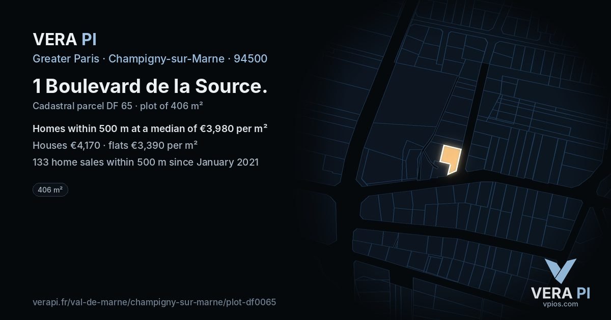 1 Boulevard de la Source, Champigny-sur-Marne at night – the plot lit, the parcels around coloured by the prices near them