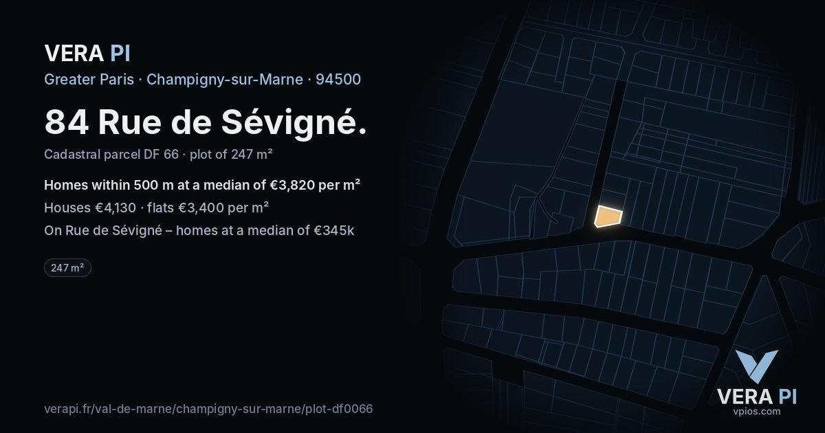 84 Rue de Sévigné, Champigny-sur-Marne at night – the plot lit, the parcels around coloured by the prices near them