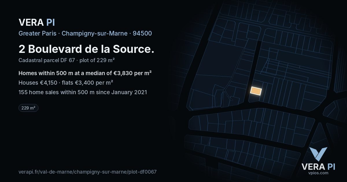 2 Boulevard de la Source, Champigny-sur-Marne at night – the plot lit, the parcels around coloured by the prices near them