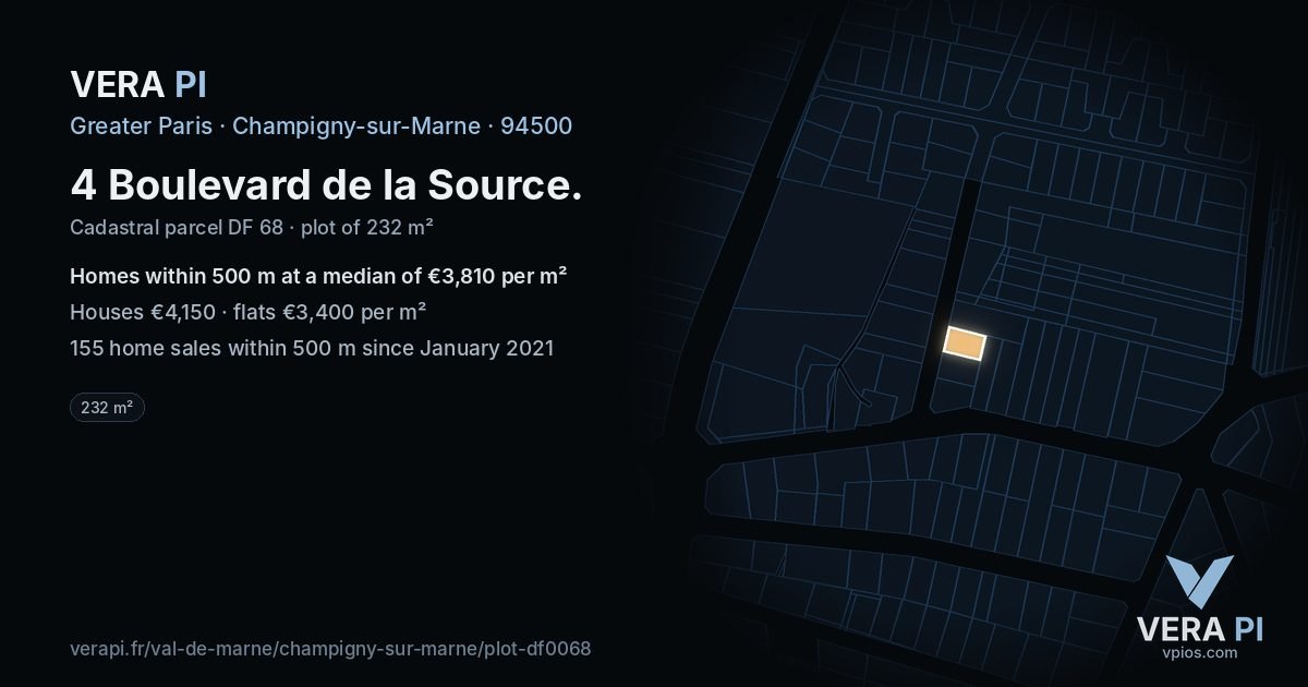 4 Boulevard de la Source, Champigny-sur-Marne at night – the plot lit, the parcels around coloured by the prices near them