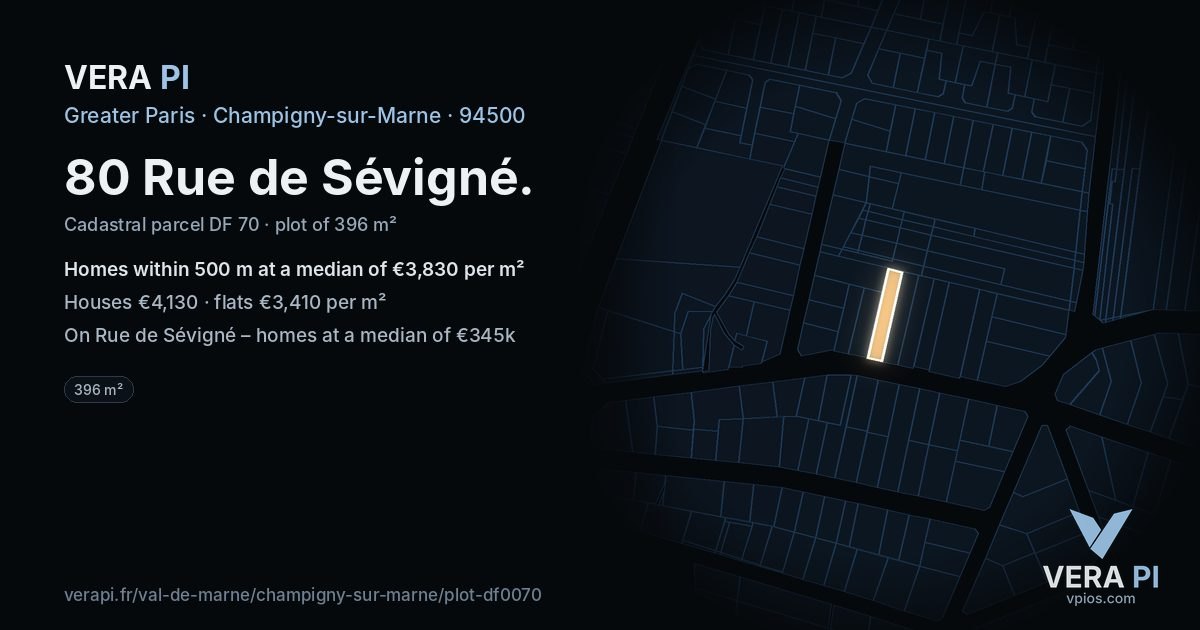 80 Rue de Sévigné, Champigny-sur-Marne at night – the plot lit, the parcels around coloured by the prices near them