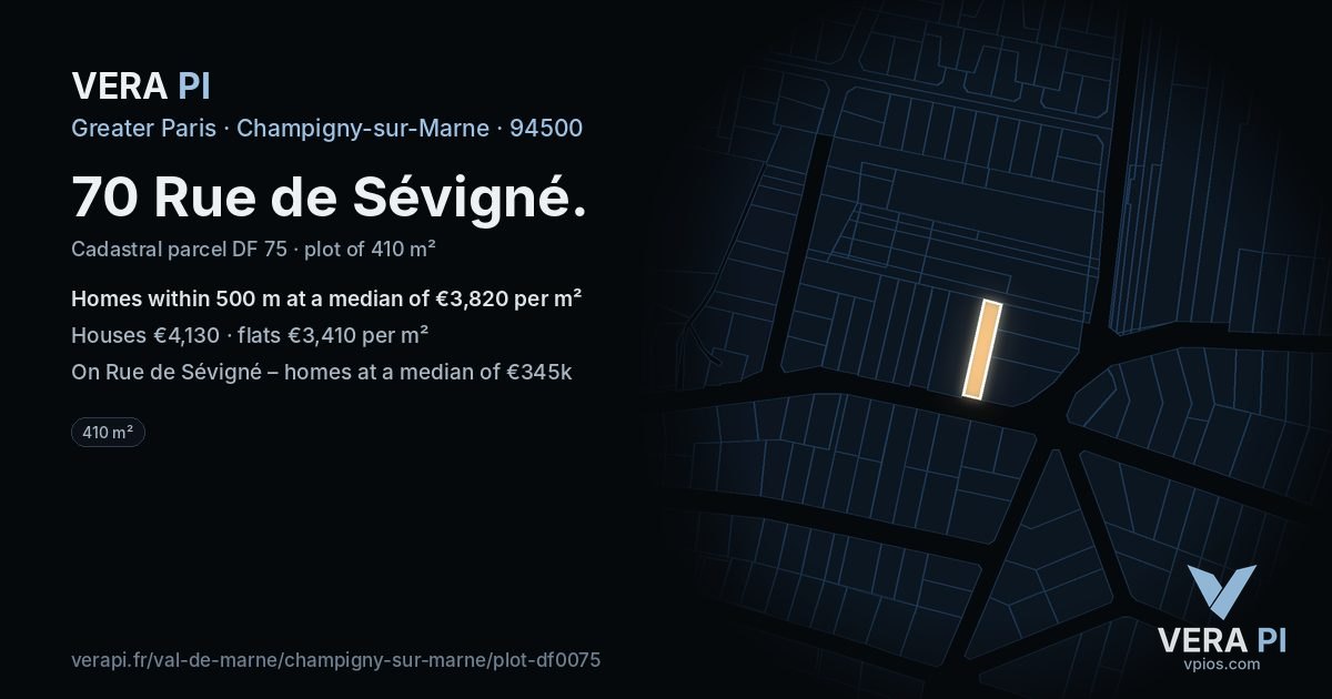 70 Rue de Sévigné, Champigny-sur-Marne at night – the plot lit, the parcels around coloured by the prices near them
