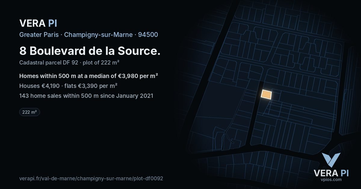 8 Boulevard de la Source, Champigny-sur-Marne at night – the plot lit, the parcels around coloured by the prices near them