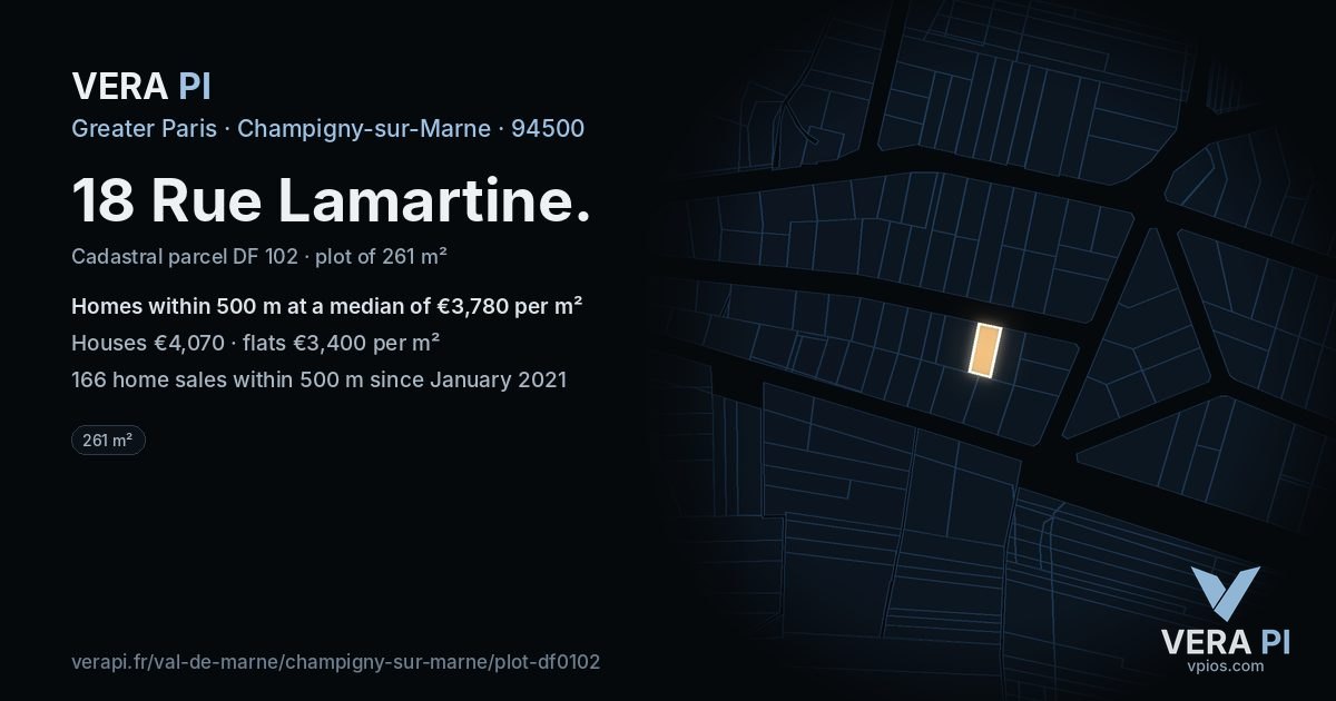 18 Rue Lamartine, Champigny-sur-Marne at night – the plot lit, the parcels around coloured by the prices near them
