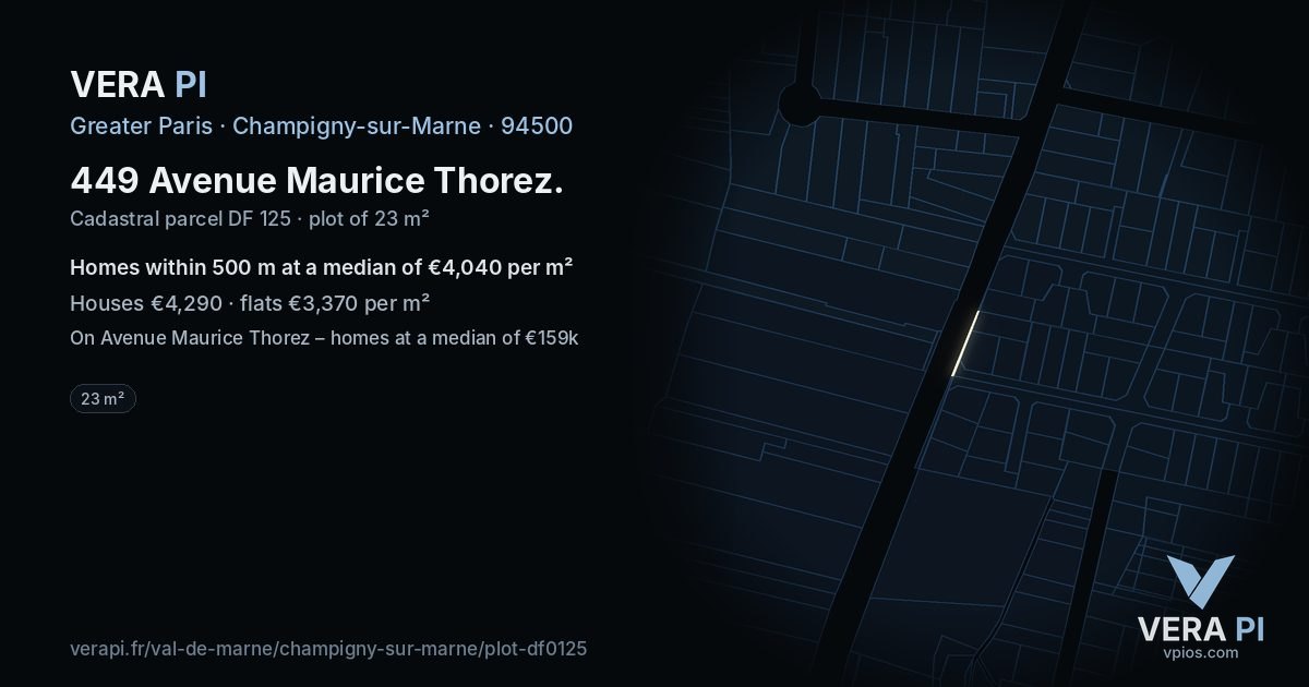 449 Avenue Maurice Thorez, Champigny-sur-Marne at night – the plot lit, the parcels around coloured by the prices near them