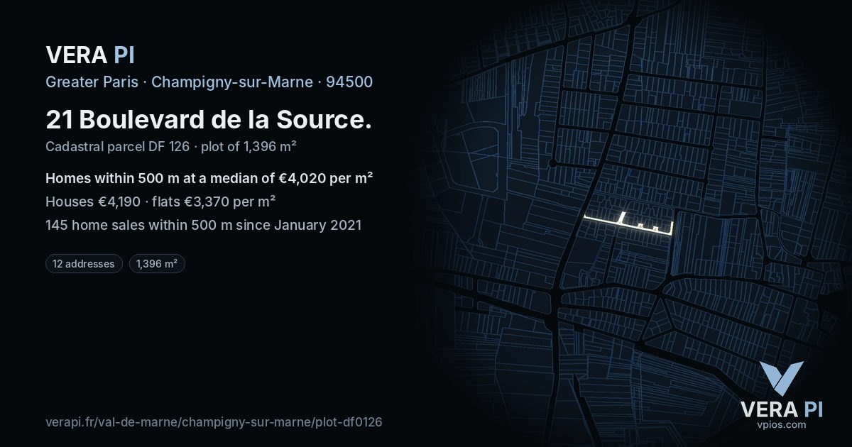 21 Boulevard de la Source, Champigny-sur-Marne at night – the plot lit, the parcels around coloured by the prices near them