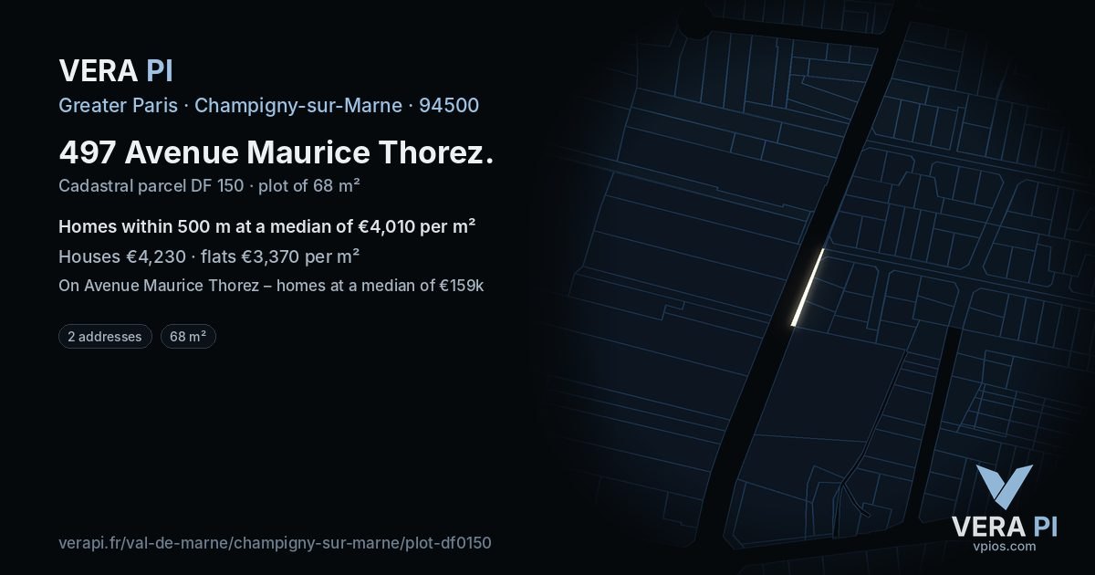 497 Avenue Maurice Thorez, Champigny-sur-Marne at night – the plot lit, the parcels around coloured by the prices near them