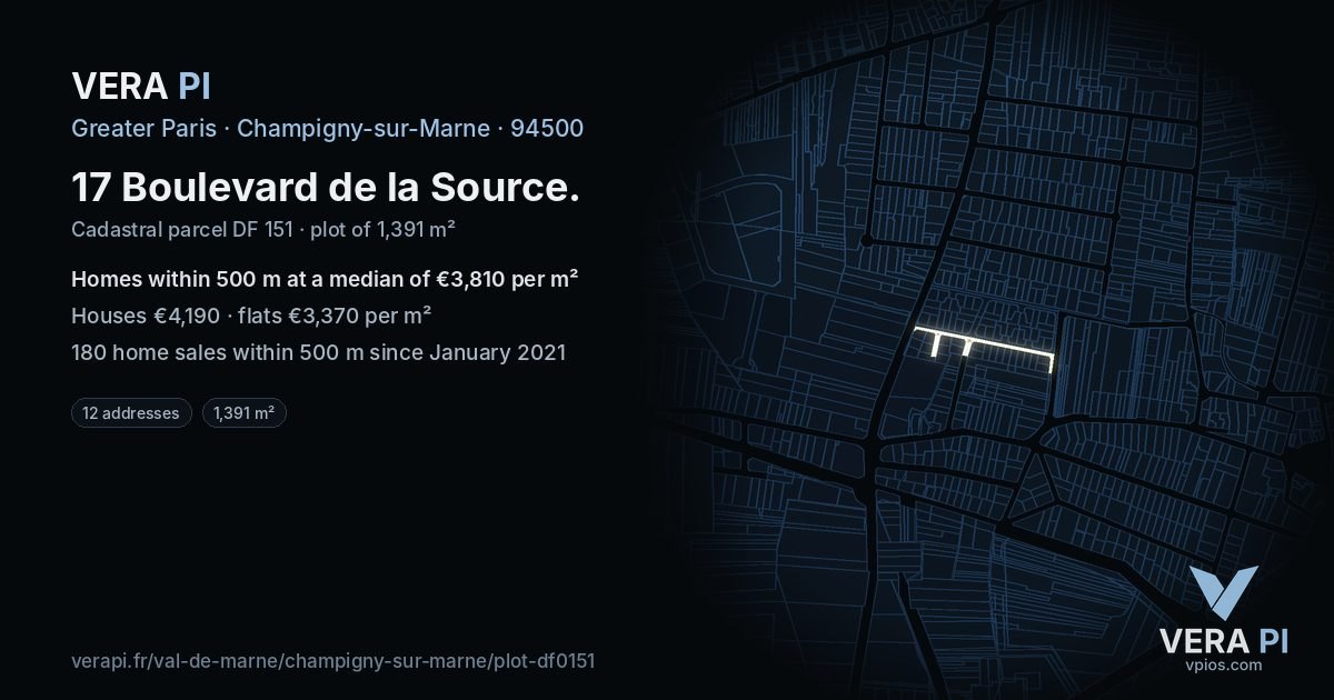 17 Boulevard de la Source, Champigny-sur-Marne at night – the plot lit, the parcels around coloured by the prices near them