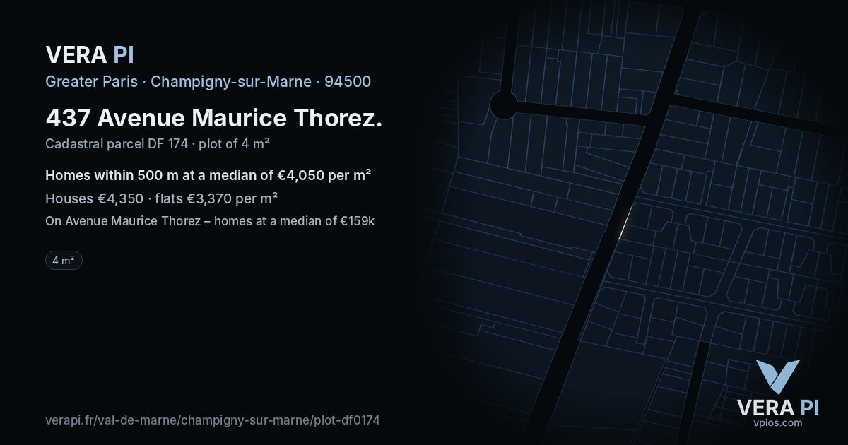 437 Avenue Maurice Thorez, Champigny-sur-Marne at night – the plot lit, the parcels around coloured by the prices near them