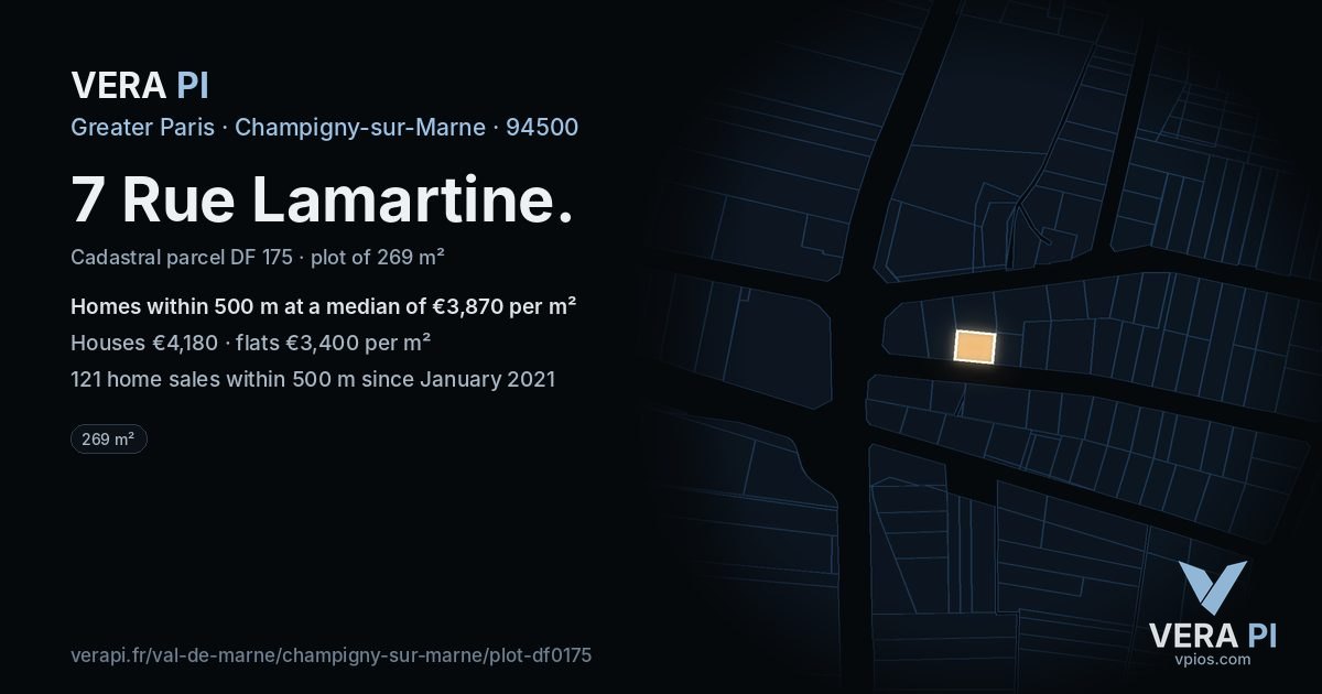 7 Rue Lamartine, Champigny-sur-Marne at night – the plot lit, the parcels around coloured by the prices near them