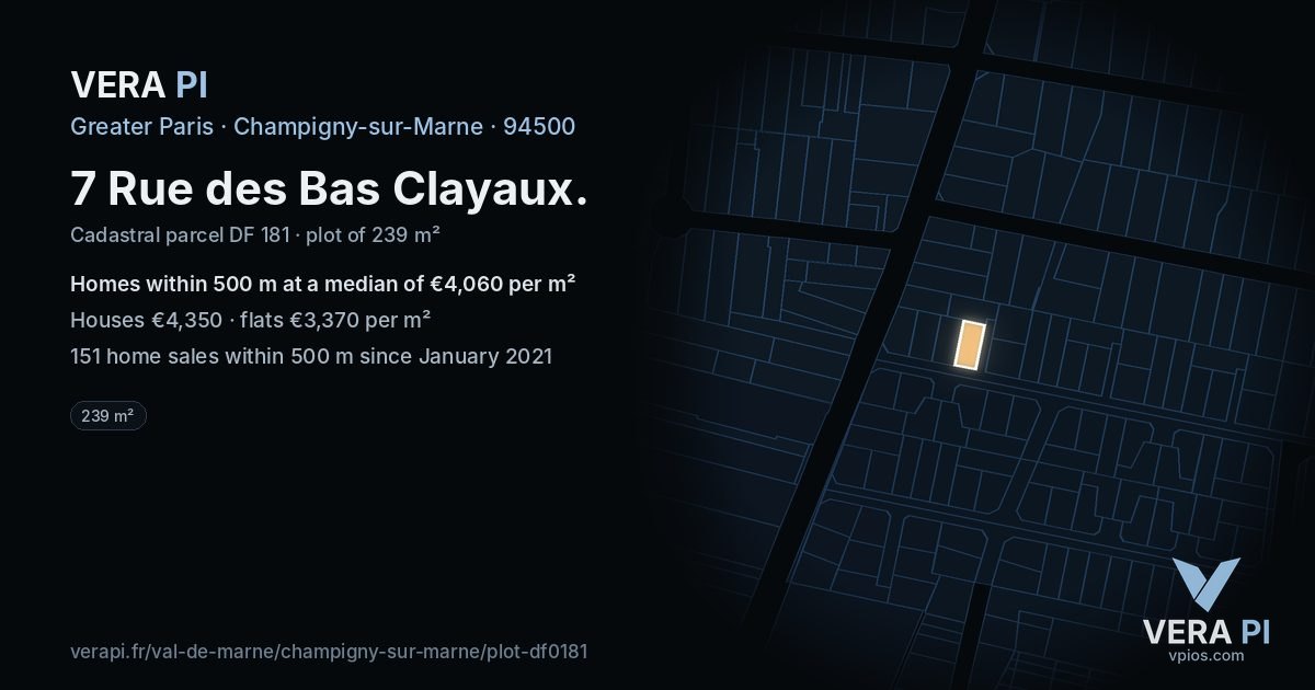 7 Rue des Bas Clayaux, Champigny-sur-Marne at night – the plot lit, the parcels around coloured by the prices near them
