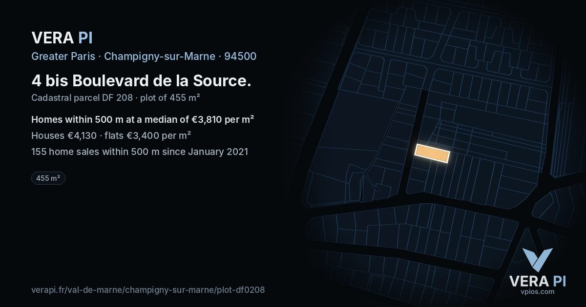 4 bis Boulevard de la Source, Champigny-sur-Marne at night – the plot lit, the parcels around coloured by the prices near them