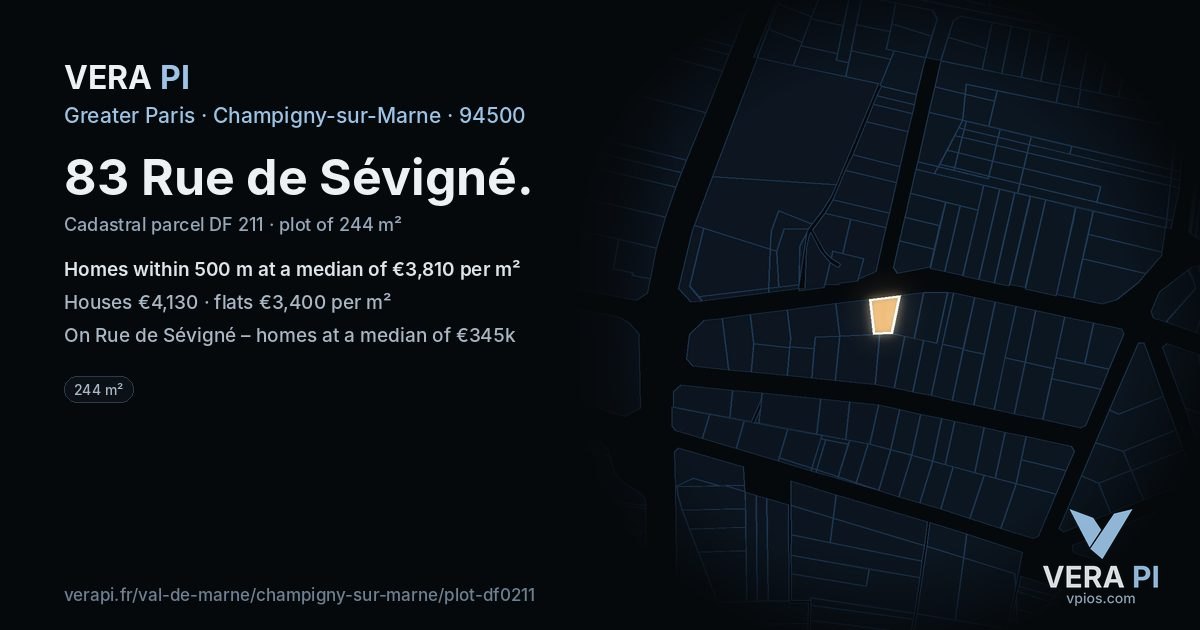 83 Rue de Sévigné, Champigny-sur-Marne at night – the plot lit, the parcels around coloured by the prices near them