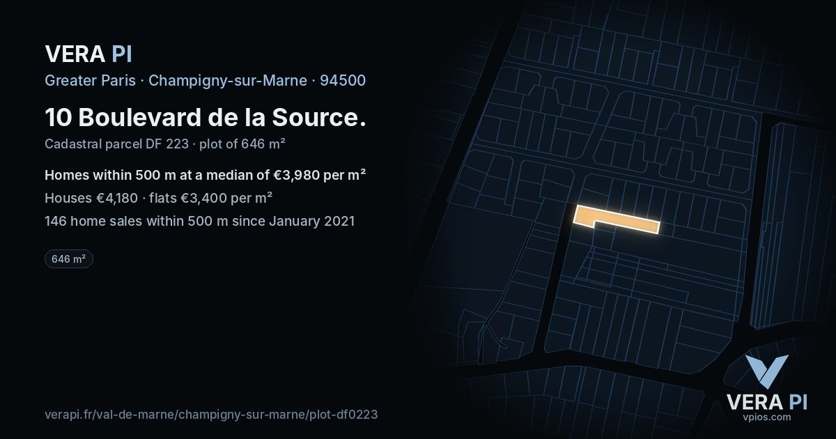 10 Boulevard de la Source, Champigny-sur-Marne at night – the plot lit, the parcels around coloured by the prices near them