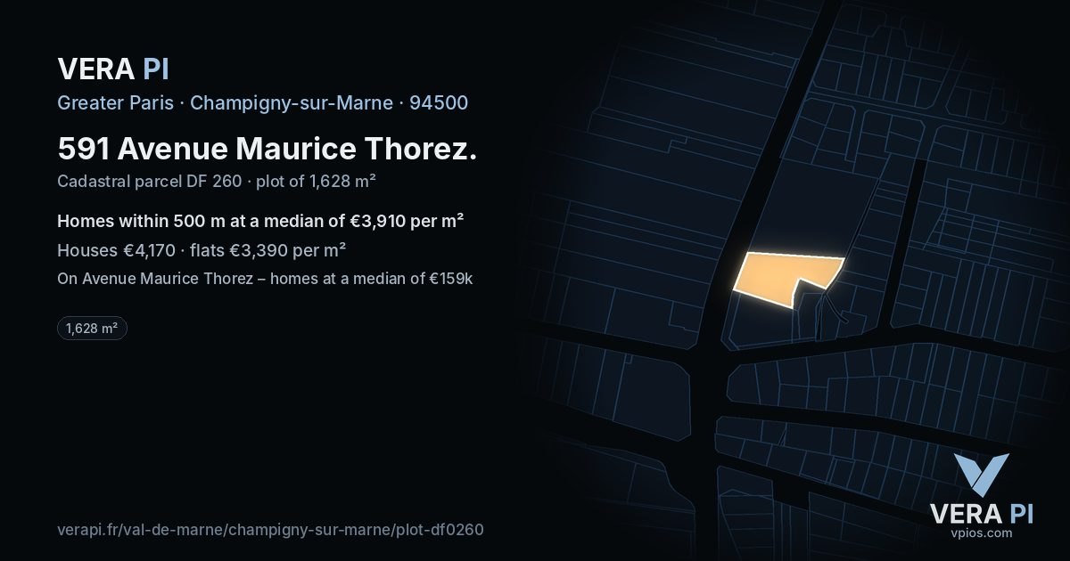 591 Avenue Maurice Thorez, Champigny-sur-Marne at night – the plot lit, the parcels around coloured by the prices near them