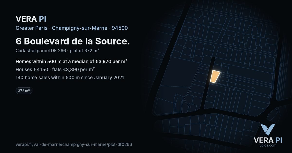 6 Boulevard de la Source, Champigny-sur-Marne at night – the plot lit, the parcels around coloured by the prices near them