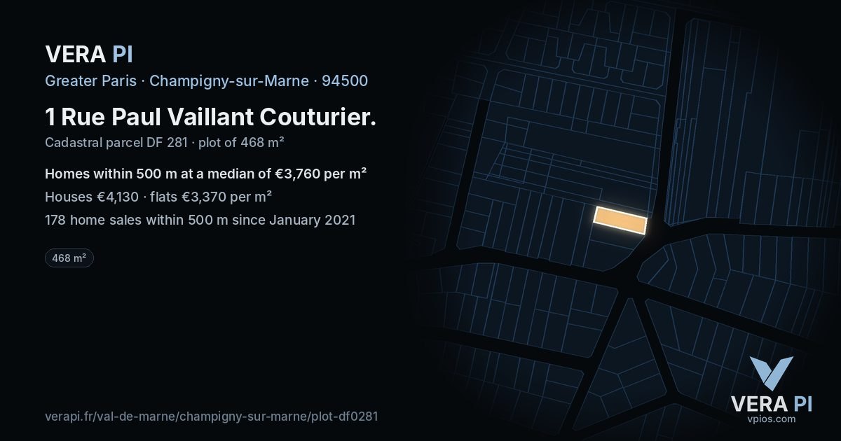 1 Rue Paul Vaillant Couturier, Champigny-sur-Marne at night – the plot lit, the parcels around coloured by the prices near them