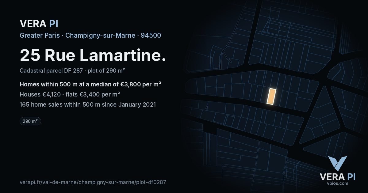 25 Rue Lamartine, Champigny-sur-Marne at night – the plot lit, the parcels around coloured by the prices near them