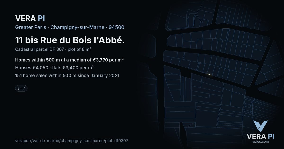 11 bis Rue du Bois l'Abbé, Champigny-sur-Marne at night – the plot lit, the parcels around coloured by the prices near them