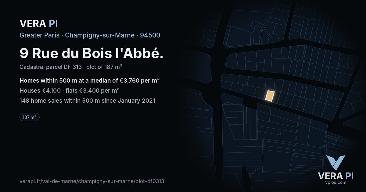9 Rue du Bois l'Abbé, Champigny-sur-Marne at night – the plot lit, the parcels around coloured by the prices near them