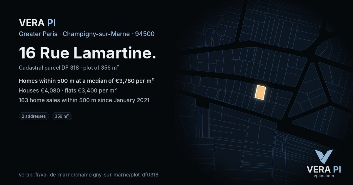 16 Rue Lamartine, Champigny-sur-Marne at night – the plot lit, the parcels around coloured by the prices near them