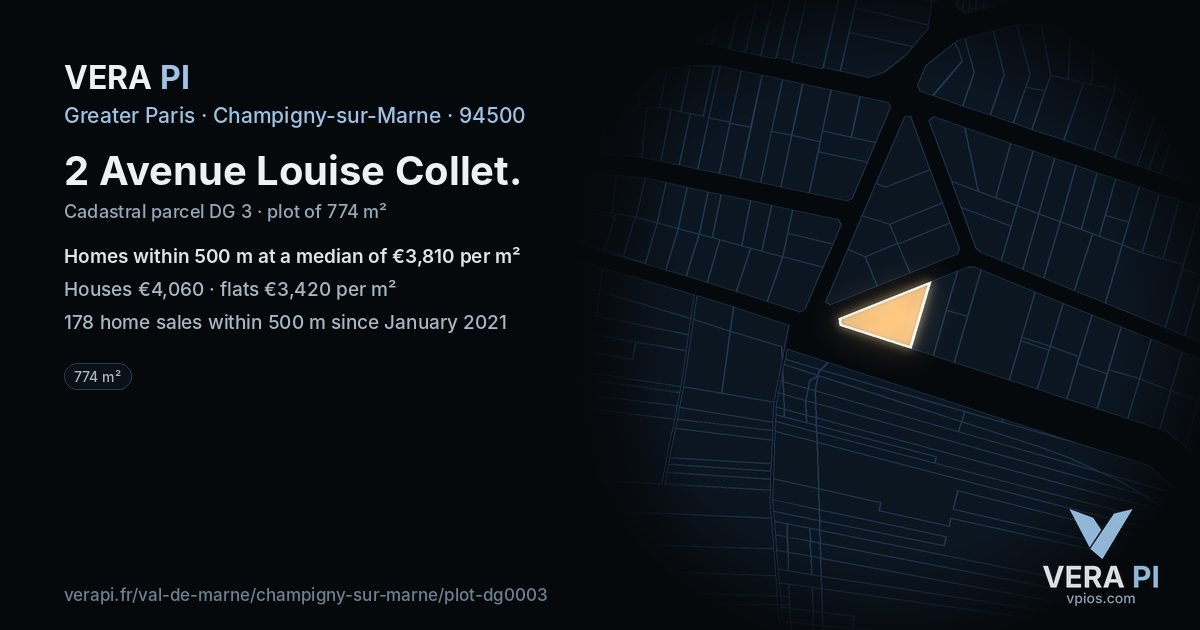 2 Avenue Louise Collet, Champigny-sur-Marne at night – the plot lit, the parcels around coloured by the prices near them